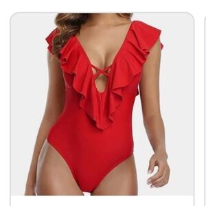 Eomenie Red Ruffle Tie Back One Piece Swimsuit